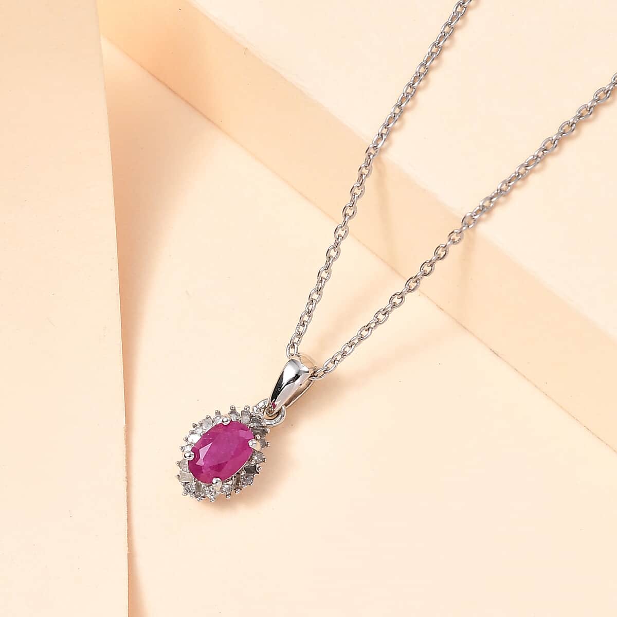 Premium Taveta Ruby and White Diamond Halo Pendant Necklace 20 Inches in Platinum Over Sterling Silver 0.75 ctw image number 1