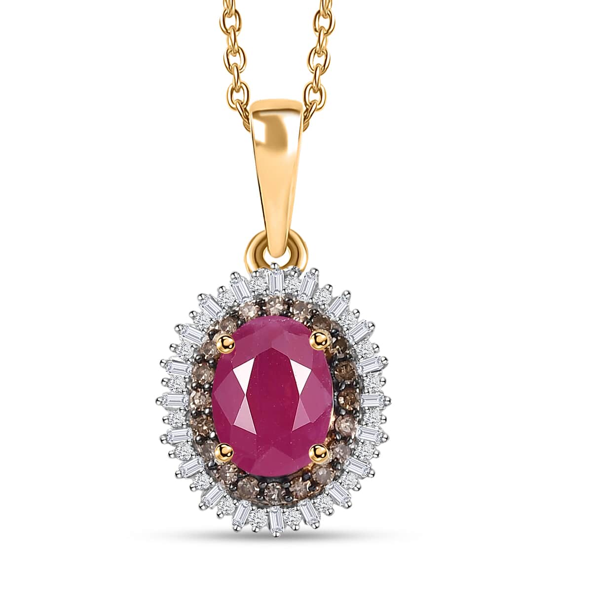 Premium Taveta Ruby, Natural Champagne and White Diamond Double Halo Pendant Necklace 20 Inches in Vermeil Yellow Gold Over Sterling Silver 2.00 ctw image number 0