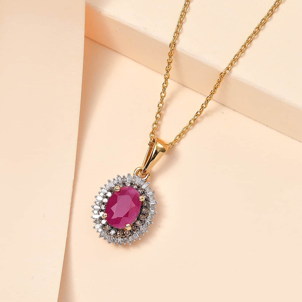 Premium Taveta Ruby, Natural Champagne and White Diamond Double Halo Pendant Necklace 20 Inches in Vermeil Yellow Gold Over Sterling Silver 2.00 ctw image number 1