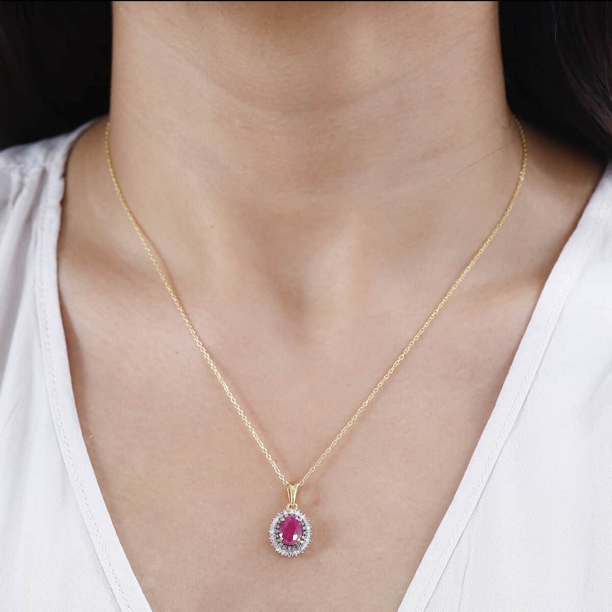 Premium Taveta Ruby, Natural Champagne and White Diamond Double Halo Pendant Necklace 20 Inches in Vermeil Yellow Gold Over Sterling Silver 2.00 ctw image number 2
