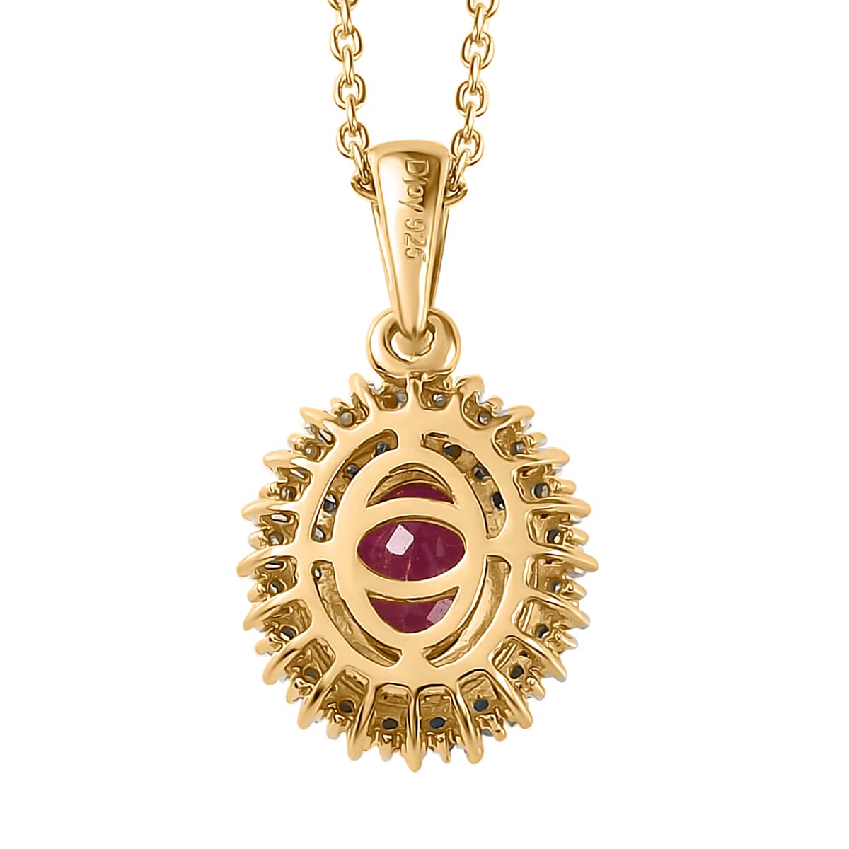 Premium Taveta Ruby, Natural Champagne and White Diamond Double Halo Pendant Necklace 20 Inches in Vermeil Yellow Gold Over Sterling Silver 2.00 ctw image number 4