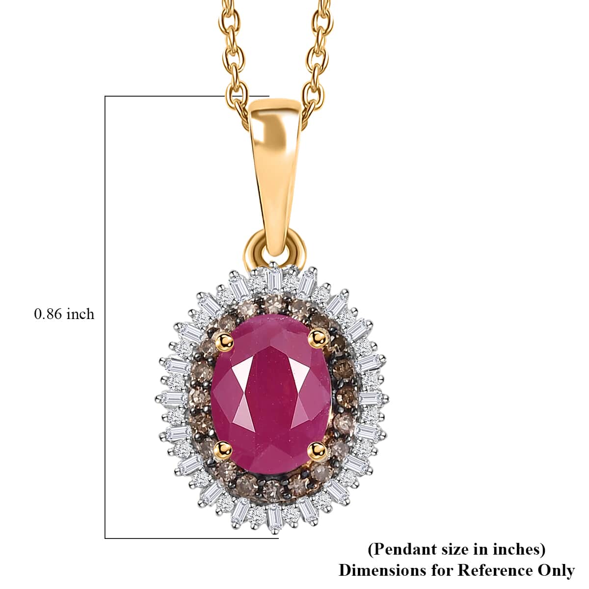 Premium Taveta Ruby, Natural Champagne and White Diamond Double Halo Pendant Necklace 20 Inches in Vermeil Yellow Gold Over Sterling Silver 2.00 ctw image number 6