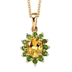 Brazilian Sunfire Beryl and Chrome Diopside Sunburst Pendant Necklace 20 Inches in Vermeil Yellow Gold Over Sterling Silver 1.50 ctw