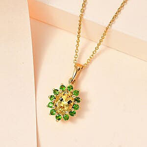 D'Joy Brazilian Sunfire Beryl and Chrome Diopside Sunburst Pendant Necklace 20 Inches in Vermeil Yellow Gold Over Sterling Silver 1.50 ctw