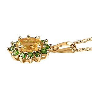 D'Joy Brazilian Sunfire Beryl and Chrome Diopside Sunburst Pendant Necklace 20 Inches in Vermeil Yellow Gold Over Sterling Silver 1.50 ctw