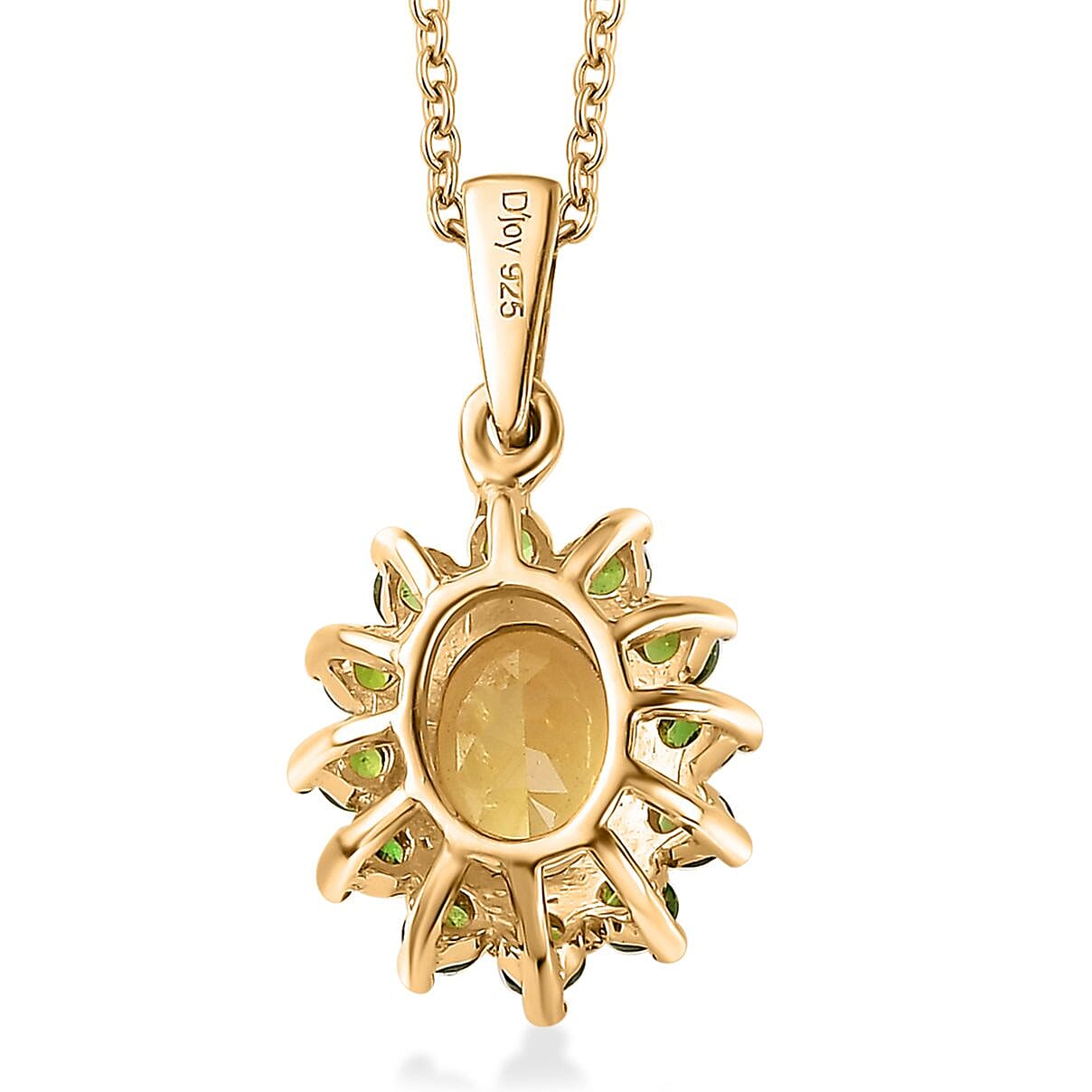 Brazilian Sunfire Beryl and Chrome Diopside Sunburst Pendant Necklace 20 Inches in Vermeil Yellow Gold Over Sterling Silver 1.50 ctw
