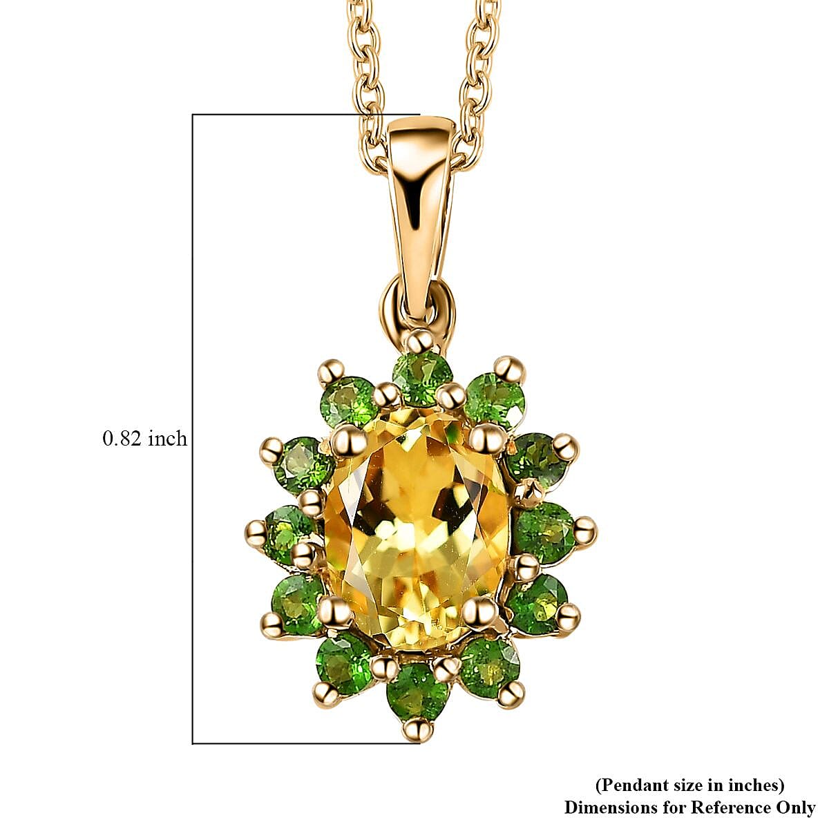 Brazilian Sunfire Beryl and Chrome Diopside Sunburst Pendant Necklace 20 Inches in Vermeil Yellow Gold Over Sterling Silver 1.50 ctw