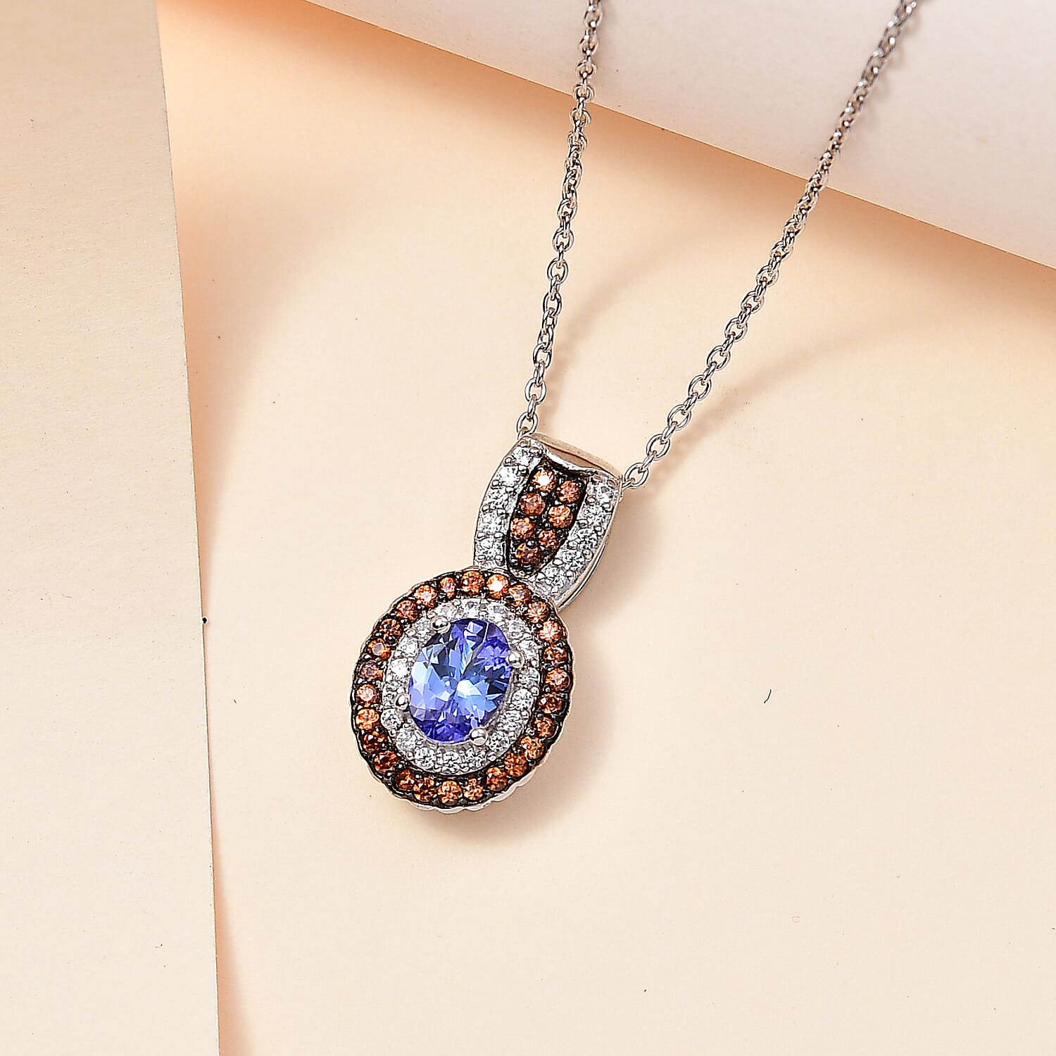 Tanzanite, Brown and White Zircon 1.60 ctw Pendant Necklace in Platinum Over Sterling Silver 20 Inches