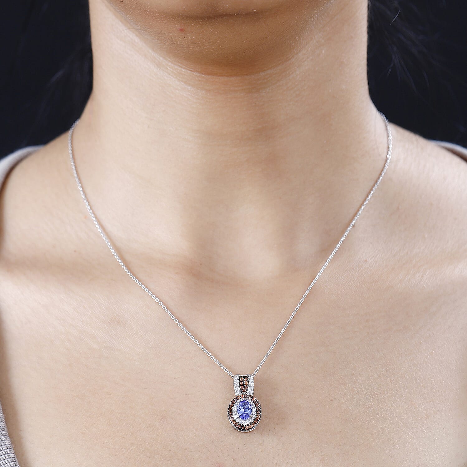 Tanzanite, Brown and White Zircon 1.60 ctw Pendant Necklace in Platinum Over Sterling Silver 20 Inches