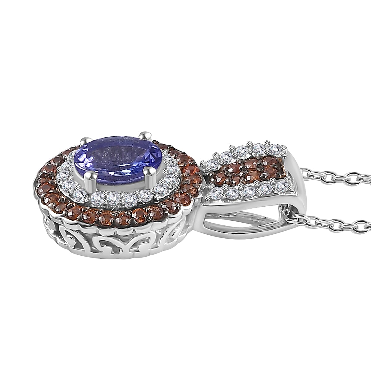 Tanzanite, Brown and White Zircon 1.60 ctw Pendant Necklace in Platinum Over Sterling Silver 20 Inches