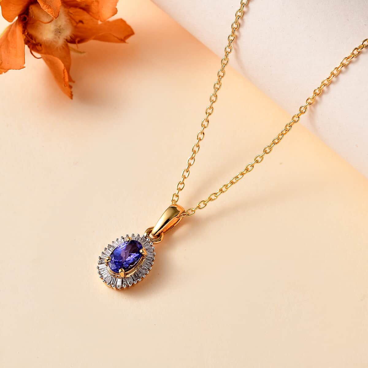 Tanzanite and Diamond Halo Pendant Necklace 20 Inches in Vermeil Yellow Gold Over Sterling Silver 0.60 ctw image number 1