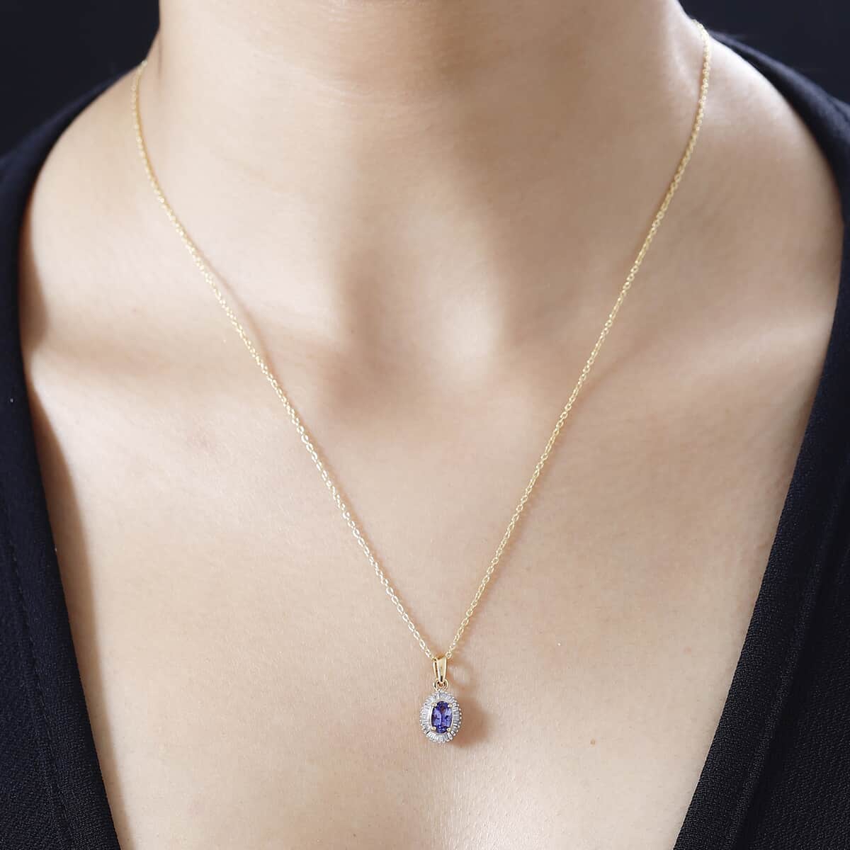 Tanzanite and Diamond Halo Pendant Necklace 20 Inches in Vermeil Yellow Gold Over Sterling Silver 0.60 ctw image number 2