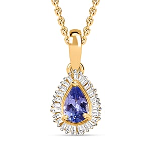 Tanzanite and Diamond Halo Pendant Necklace 20 Inches in Vermeil Yellow Gold Over Sterling Silver 0.50 ctw