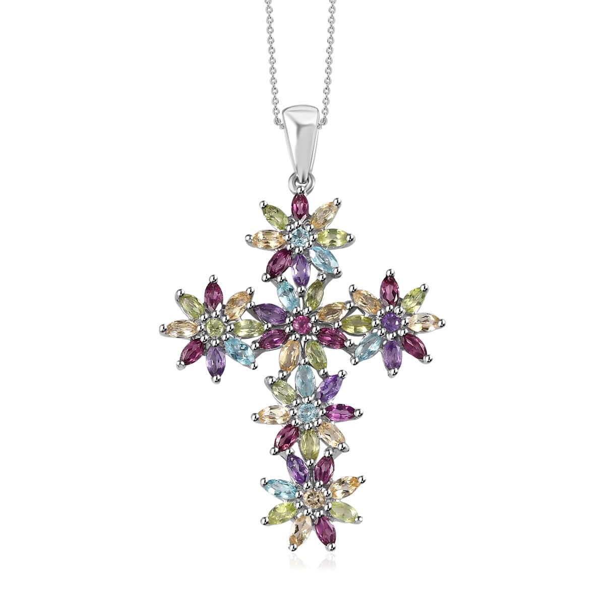 Multi Gemstone Sunflowers Cross Pendant Necklace 20 Inches in Platinum Over Sterling Silver 4.50 ctw image number 0