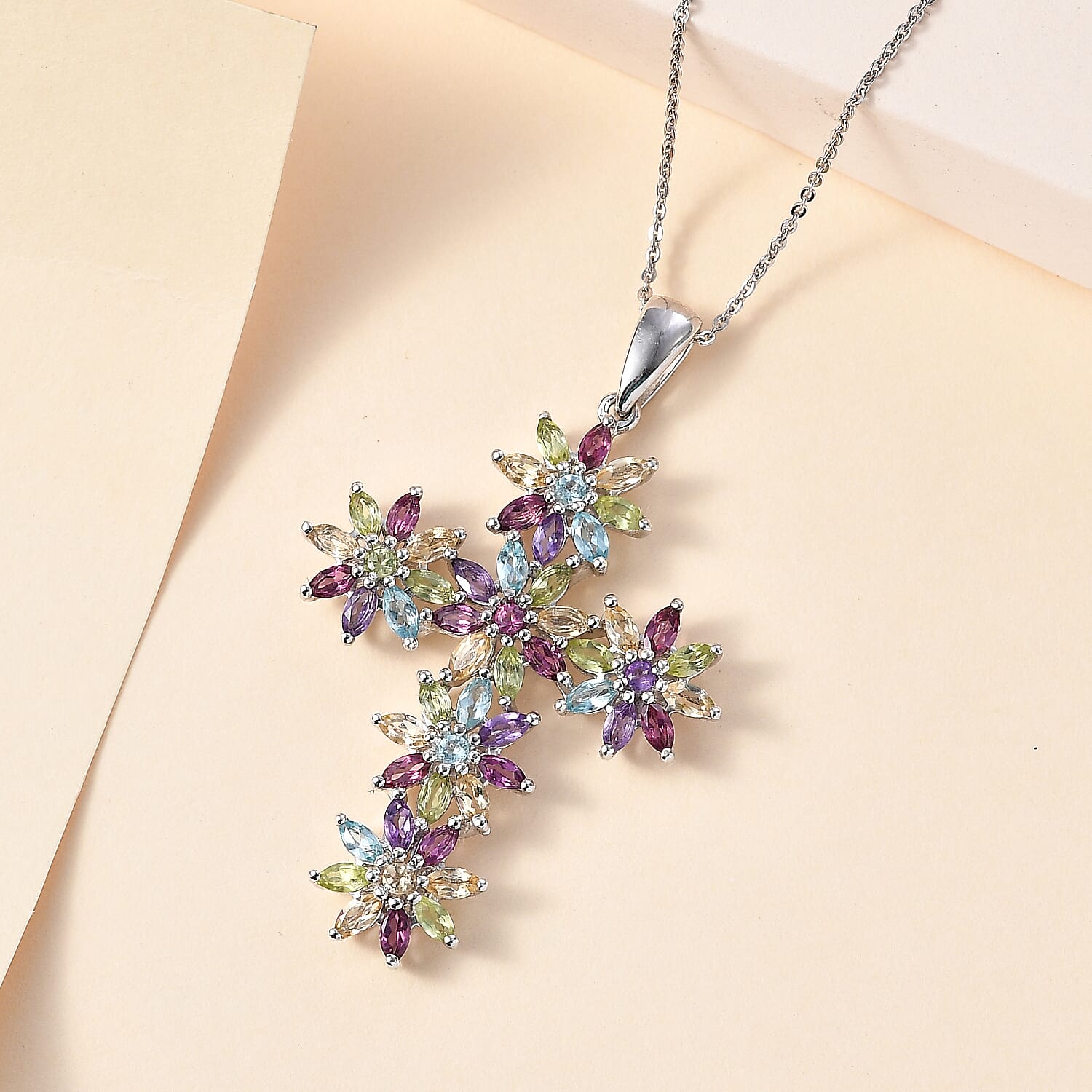 Multi Gemstone Sunflowers Cross Pendant Necklace 20 Inches in Platinum Over Sterling Silver 4.50 ctw