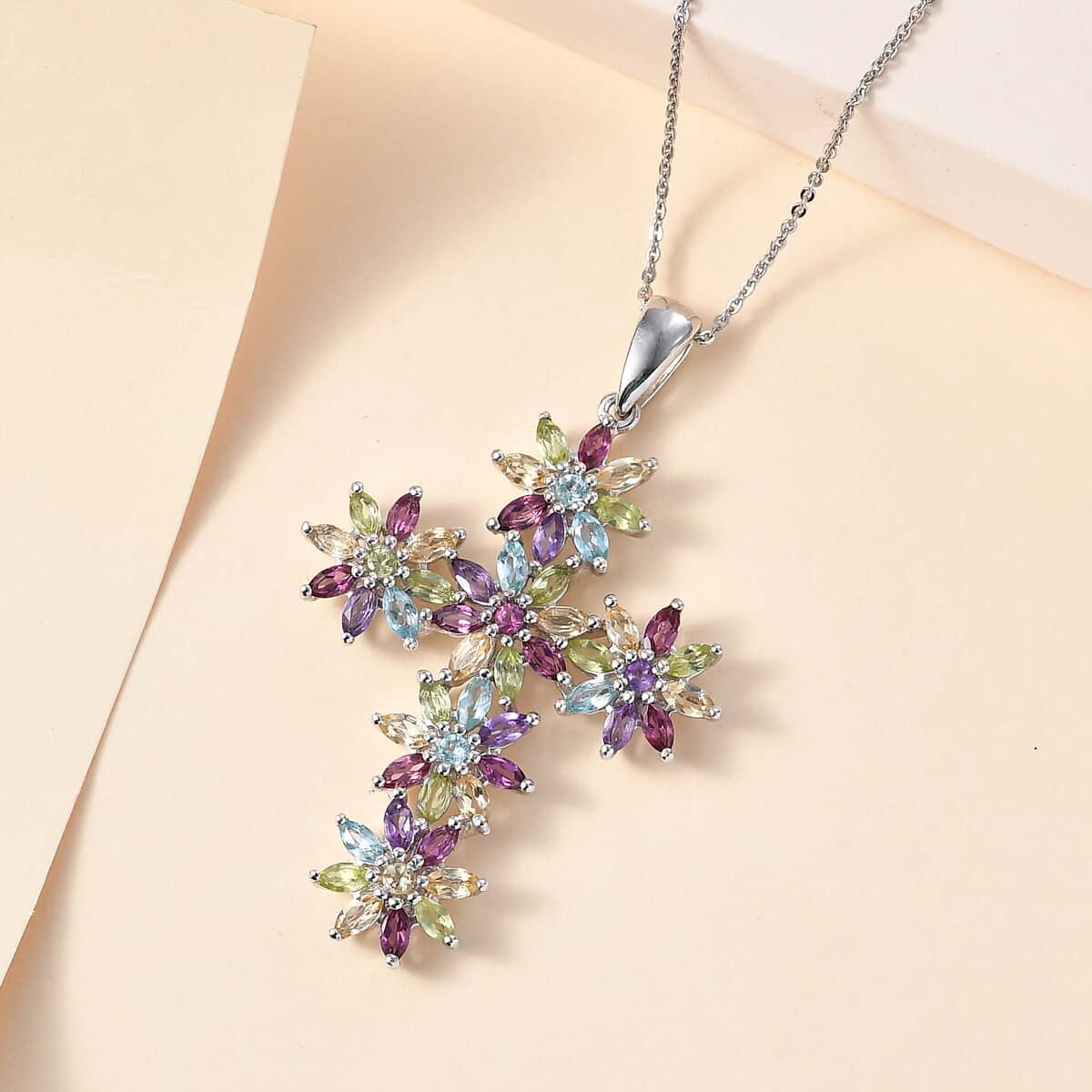 Multi Gemstone Sunflowers Cross Pendant Necklace 20 Inches in Platinum Over Sterling Silver 4.50 ctw image number 1