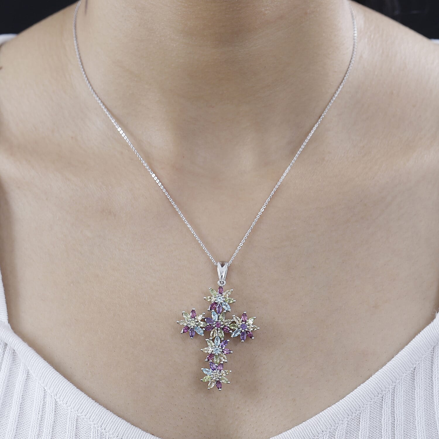 Multi Gemstone Sunflowers Cross Pendant Necklace 20 Inches in Platinum Over Sterling Silver 4.50 ctw