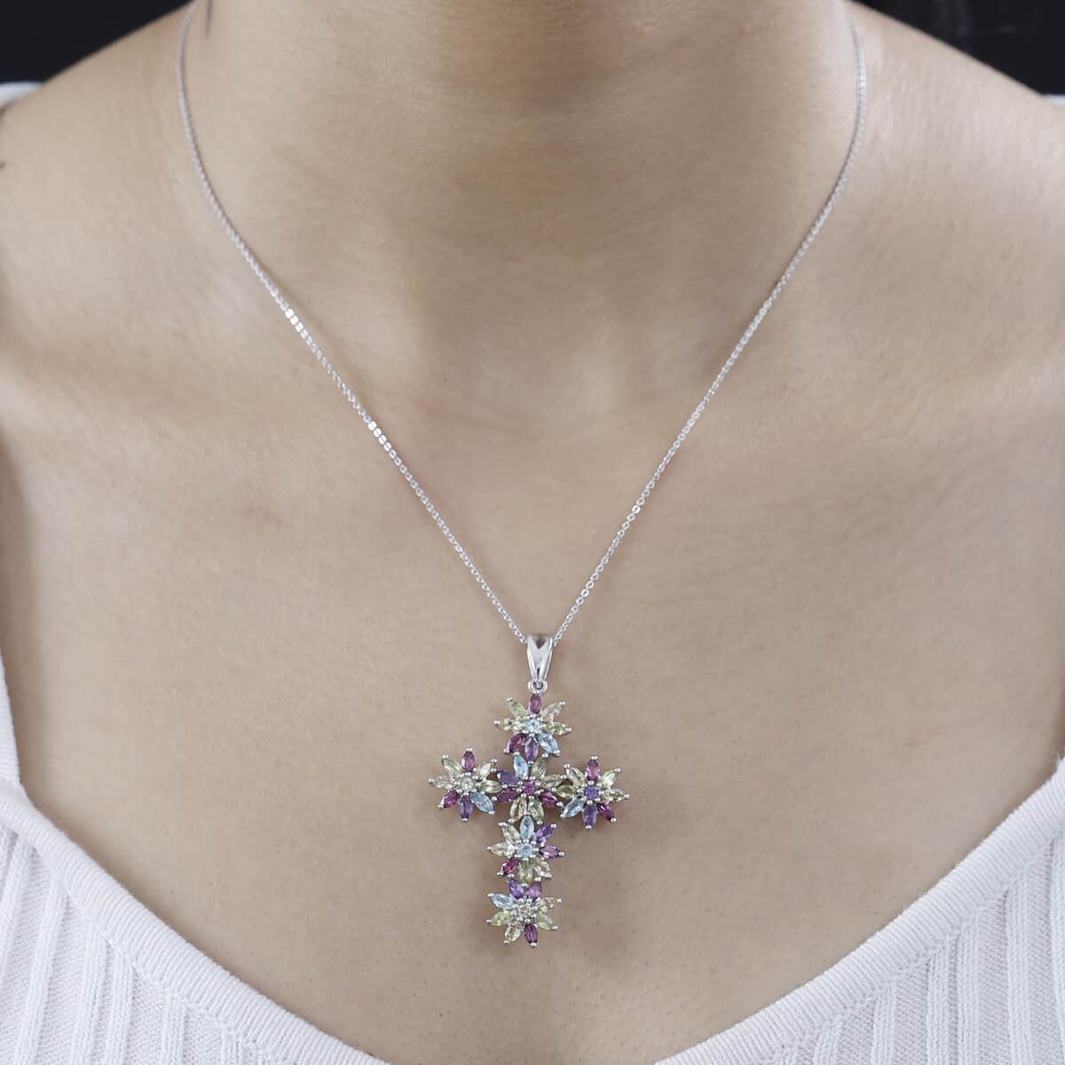 Multi Gemstone Sunflowers Cross Pendant Necklace 20 Inches in Platinum Over Sterling Silver 4.50 ctw image number 2