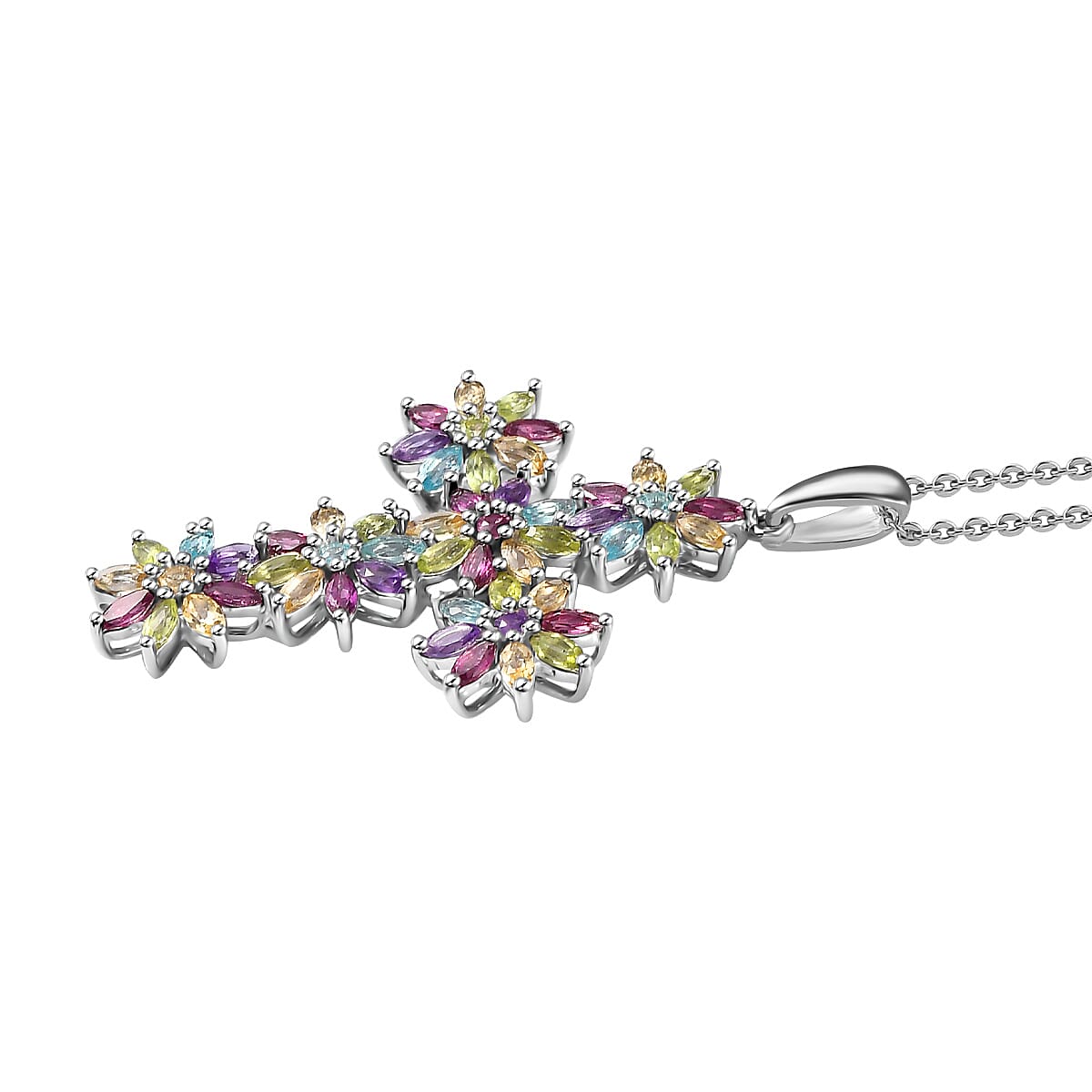 Multi Gemstone Sunflowers Cross Pendant Necklace 20 Inches in Platinum Over Sterling Silver 4.50 ctw