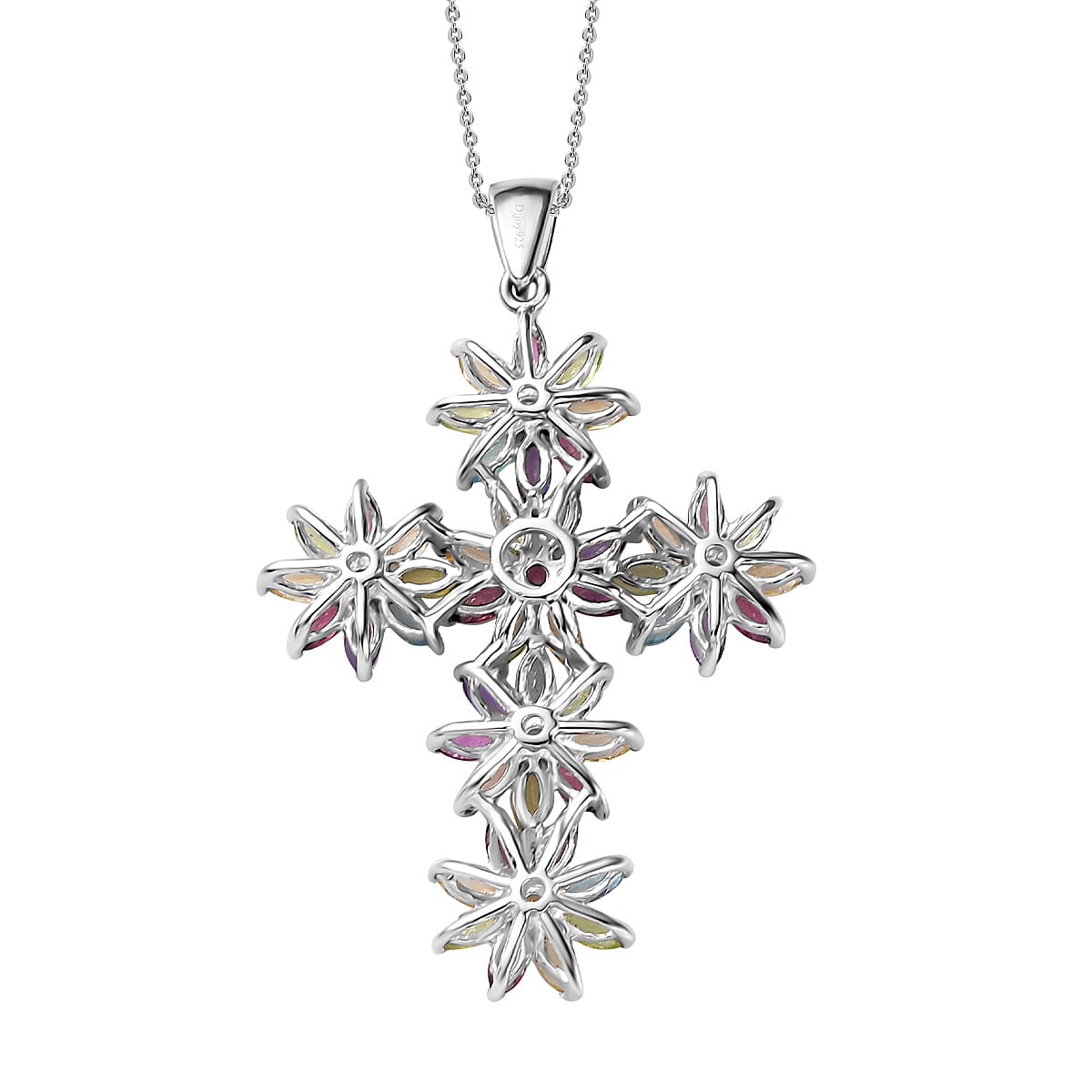 Multi Gemstone Sunflowers Cross Pendant Necklace 20 Inches in Platinum Over Sterling Silver 4.50 ctw