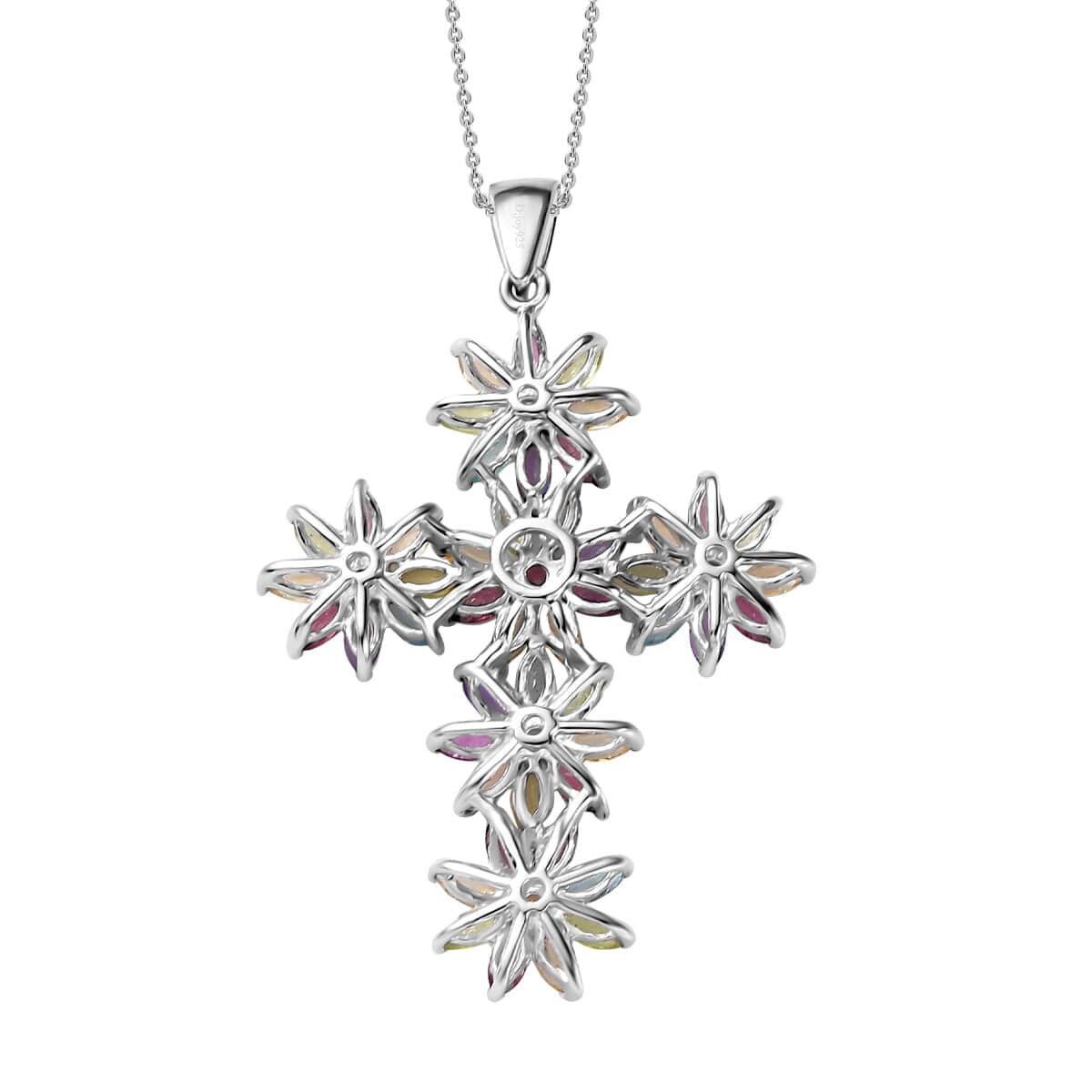 Multi Gemstone Sunflowers Cross Pendant Necklace 20 Inches in Platinum Over Sterling Silver 4.50 ctw image number 4
