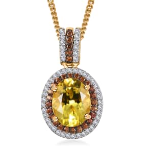 Brazilian Sunfire Beryl, Brown and White Zircon Double Halo Pendant Necklace 20 Inches in Vermeil Yellow Gold Over Sterling Silver 3.15 ctw