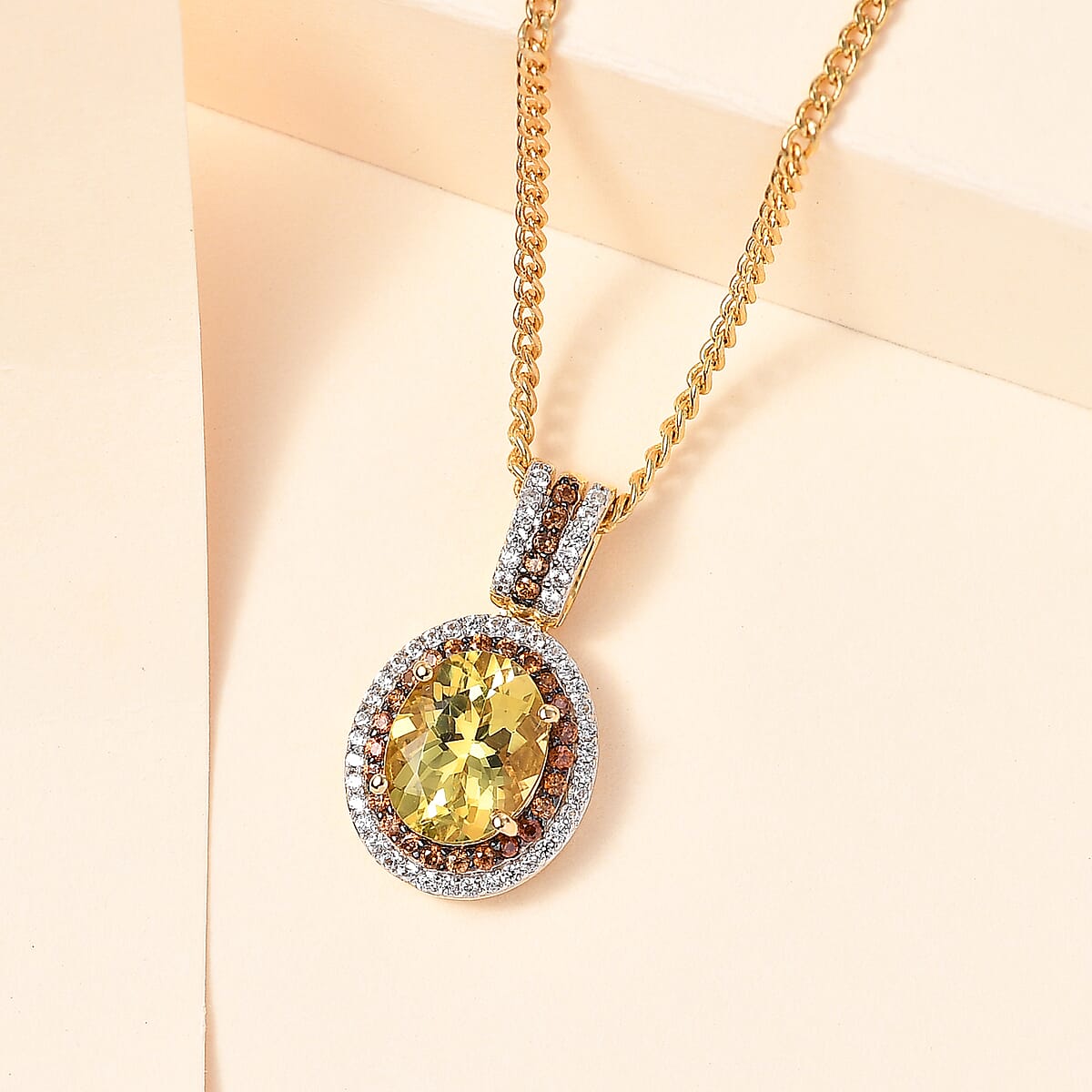 Brazilian Sunfire Beryl, Brown and White Zircon Double Halo Pendant Necklace 20 Inches in Vermeil Yellow Gold Over Sterling Silver 3.15 ctw image number 1