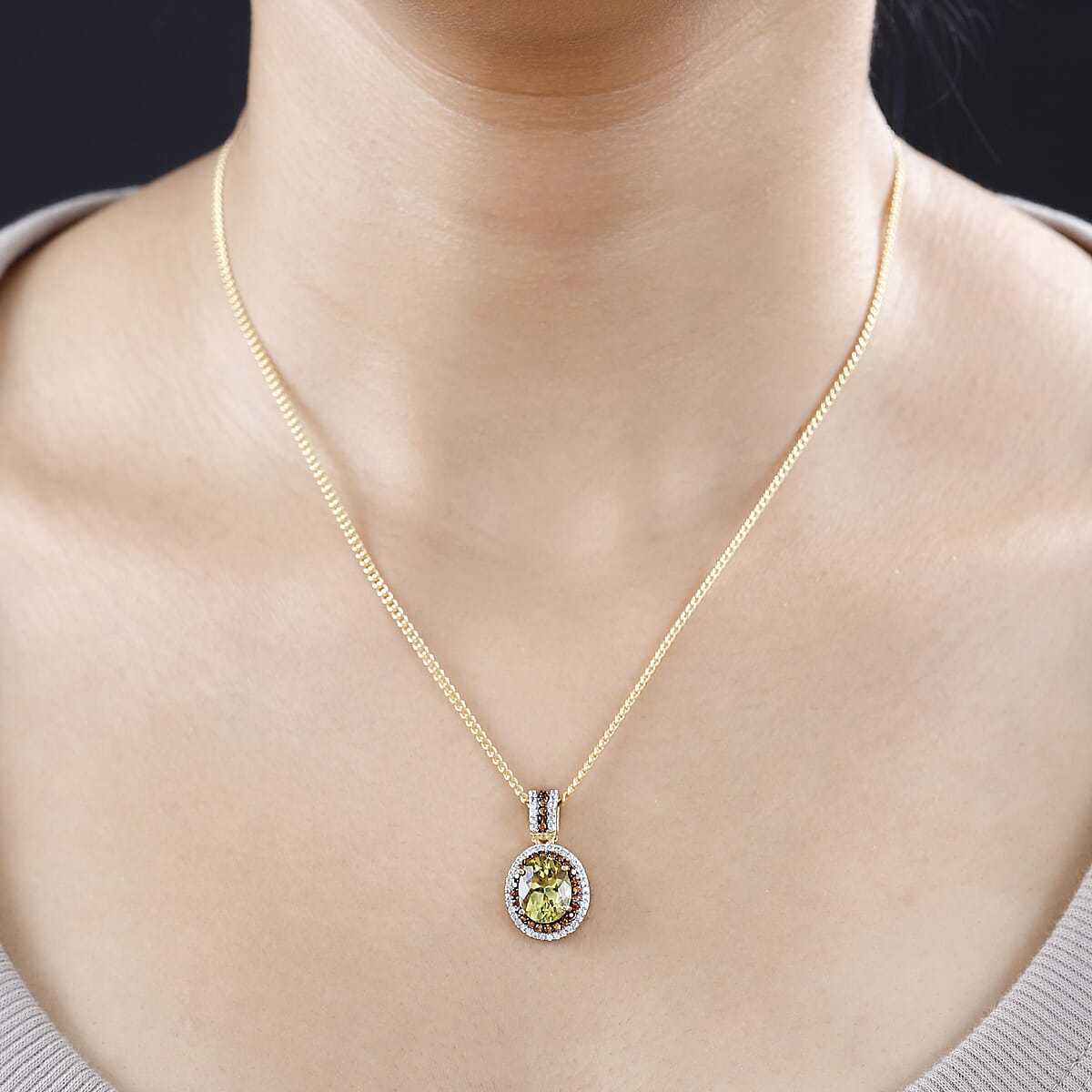 Brazilian Sunfire Beryl, Brown and White Zircon Double Halo Pendant Necklace 20 Inches in Vermeil Yellow Gold Over Sterling Silver 3.15 ctw image number 2