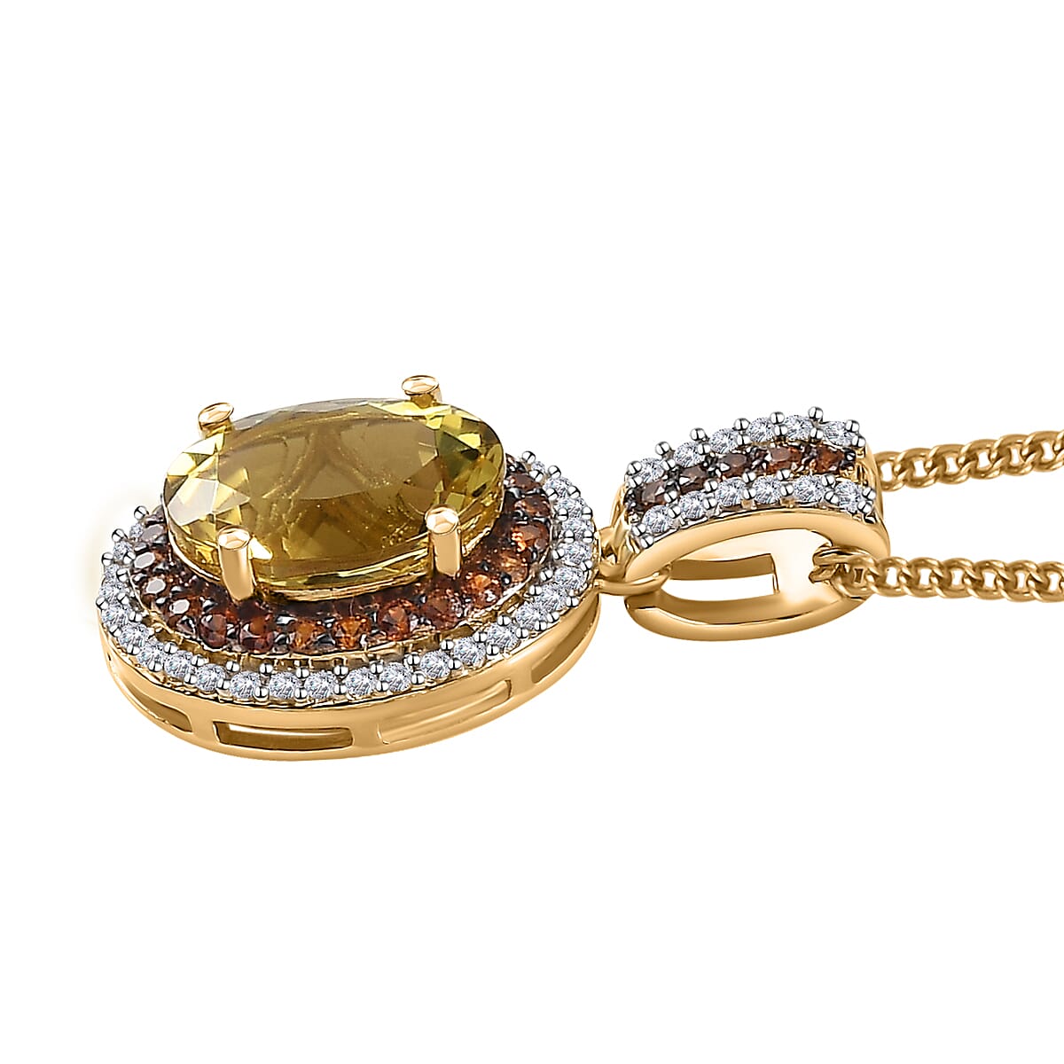 Brazilian Sunfire Beryl, Brown and White Zircon Double Halo Pendant Necklace 20 Inches in Vermeil Yellow Gold Over Sterling Silver 3.15 ctw image number 3