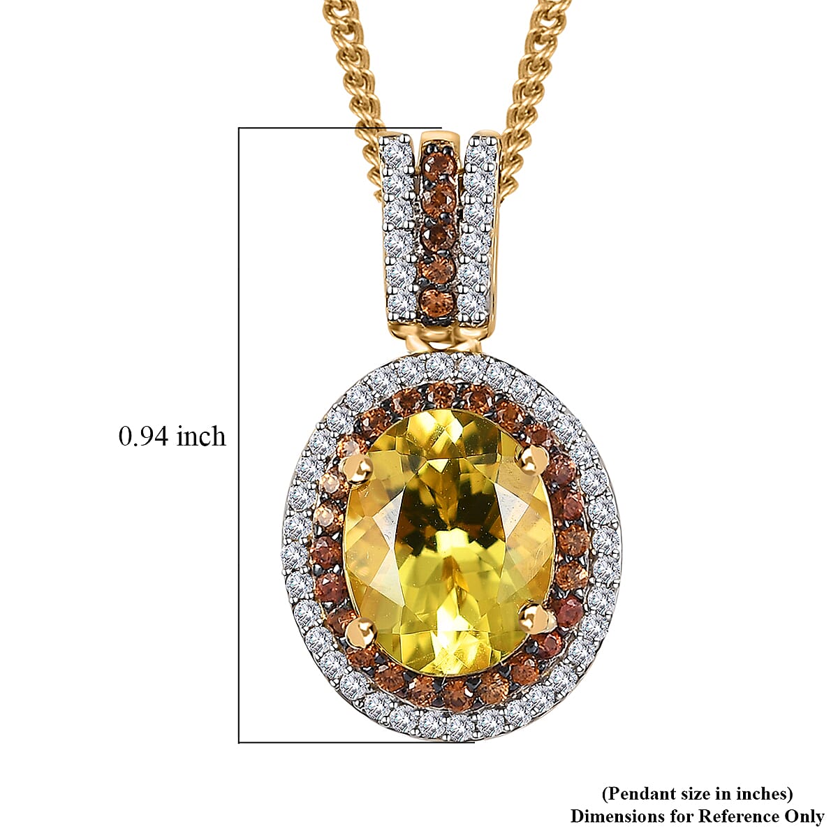 Brazilian Sunfire Beryl, Brown and White Zircon Double Halo Pendant Necklace 20 Inches in Vermeil Yellow Gold Over Sterling Silver 3.15 ctw