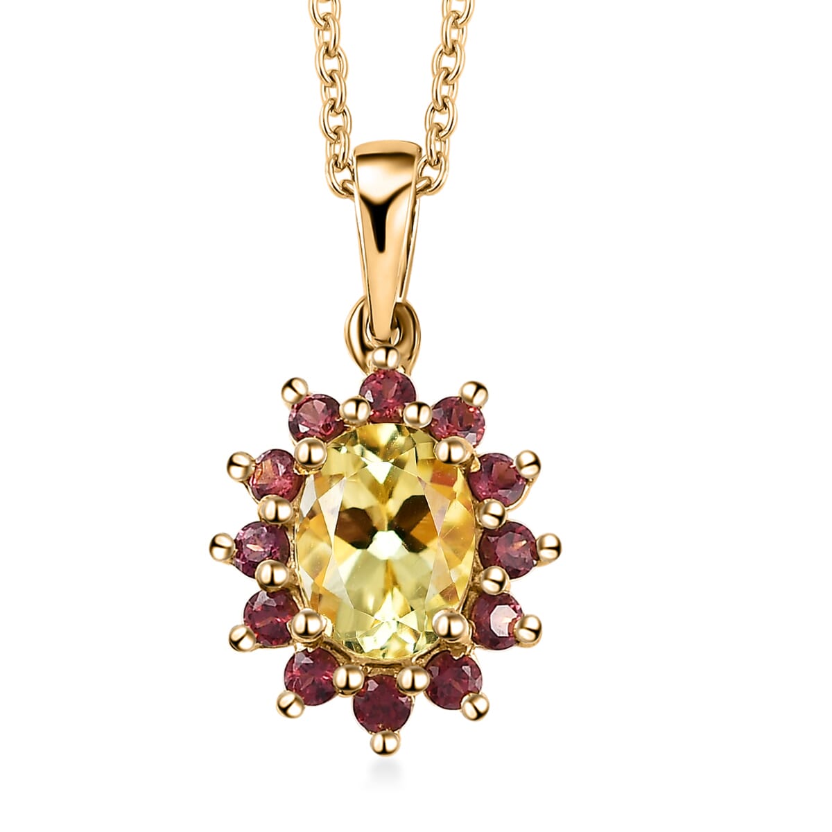 Brazilian Sunfire Beryl and Orissa Rhodolite Garnet Sunburst Pendant Necklace 20 Inches in Vermeil Yellow Gold Over Sterling Silver 1.65 ctw image number 0