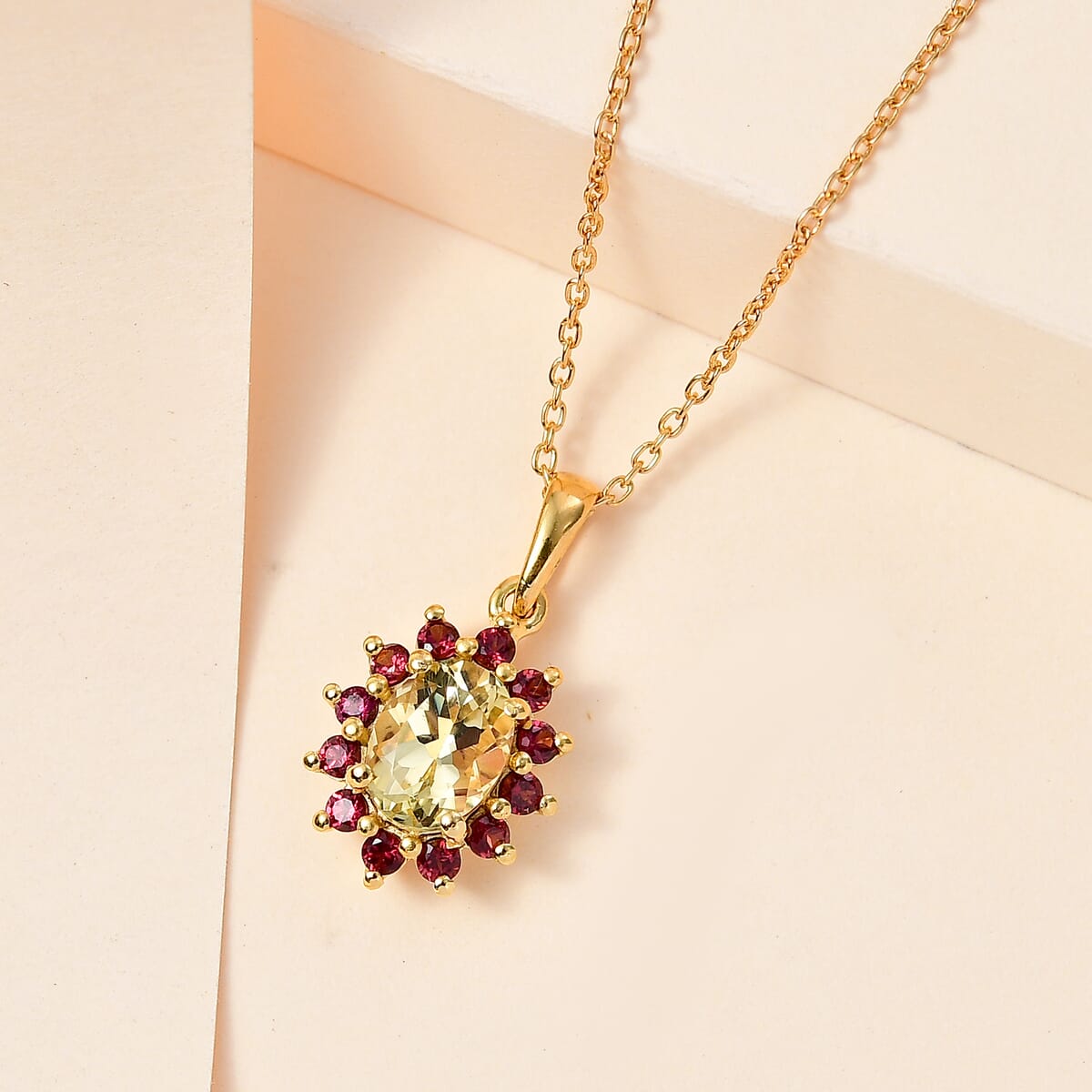 Brazilian Sunfire Beryl and Orissa Rhodolite Garnet Sunburst Pendant Necklace 20 Inches in Vermeil Yellow Gold Over Sterling Silver 1.65 ctw image number 1