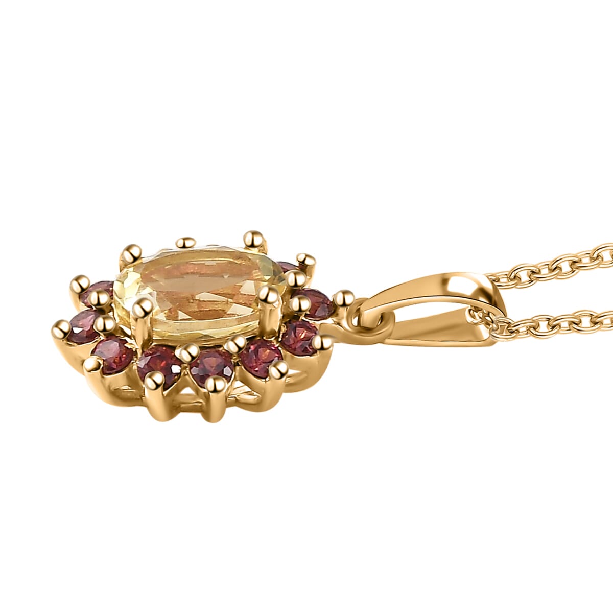 Brazilian Sunfire Beryl and Orissa Rhodolite Garnet Sunburst Pendant Necklace 20 Inches in Vermeil Yellow Gold Over Sterling Silver 1.65 ctw image number 3