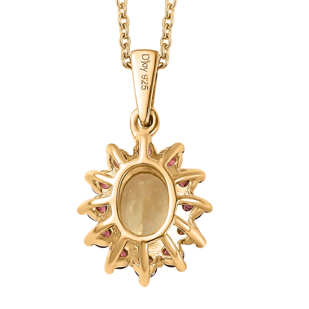 Brazilian Sunfire Beryl and Orissa Rhodolite Garnet Sunburst Pendant Necklace 20 Inches in Vermeil Yellow Gold Over Sterling Silver 1.65 ctw image number 4