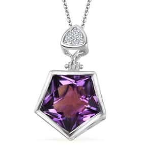 Pentastar Cut African Amethyst and White Zircon Pendant Necklace 20 Inches in Platinum Over Sterling Silver 7.85 ctw