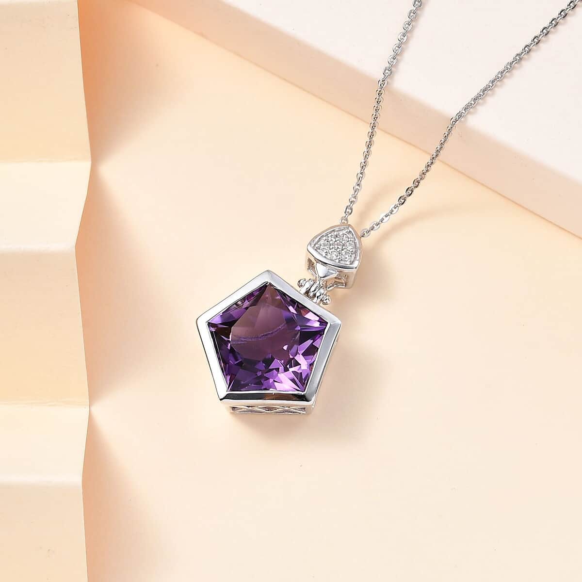 Pentastar Cut African Amethyst and White Zircon Pendant Necklace 20 Inches in Platinum Over Sterling Silver 7.85 ctw image number 1