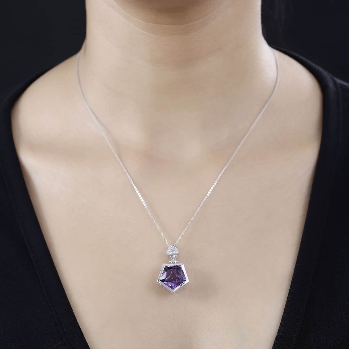 Pentastar Cut African Amethyst and White Zircon Pendant Necklace 20 Inches in Platinum Over Sterling Silver 7.85 ctw image number 2