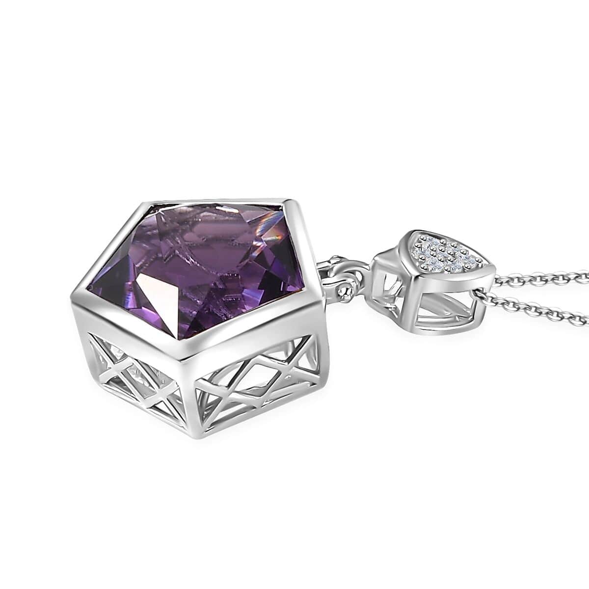 Pentastar Cut African Amethyst and White Zircon Pendant Necklace 20 Inches in Platinum Over Sterling Silver 7.85 ctw image number 3