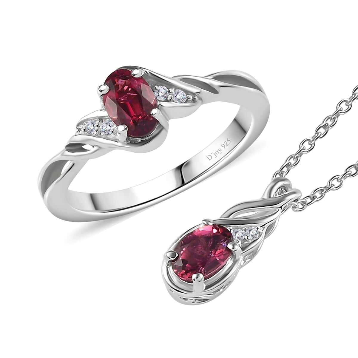 Ofiki Rubellite and Diamond Ring (Size 6.0) and Pendant Necklace 20 Inches in Platinum Over Sterling Silver 1.00 ctw (Del. in 8-10 Days) image number 0