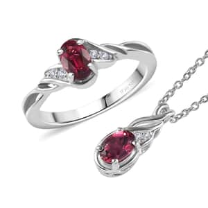Ofiki Rubellite and Diamond Ring (Size 6.0) and Pendant Necklace 20 Inches in Platinum Over Sterling Silver 1.00 ctw (Del. in 8-10 Days)