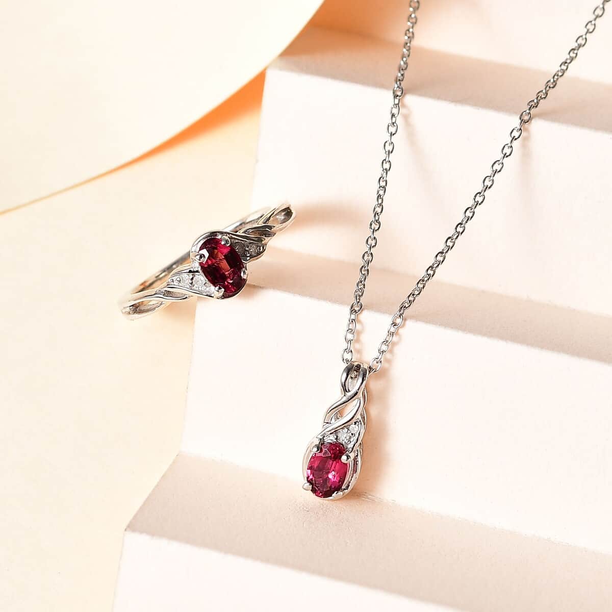 Ofiki Rubellite and Diamond Ring (Size 6.0) and Pendant Necklace 20 Inches in Platinum Over Sterling Silver 1.00 ctw image number 1