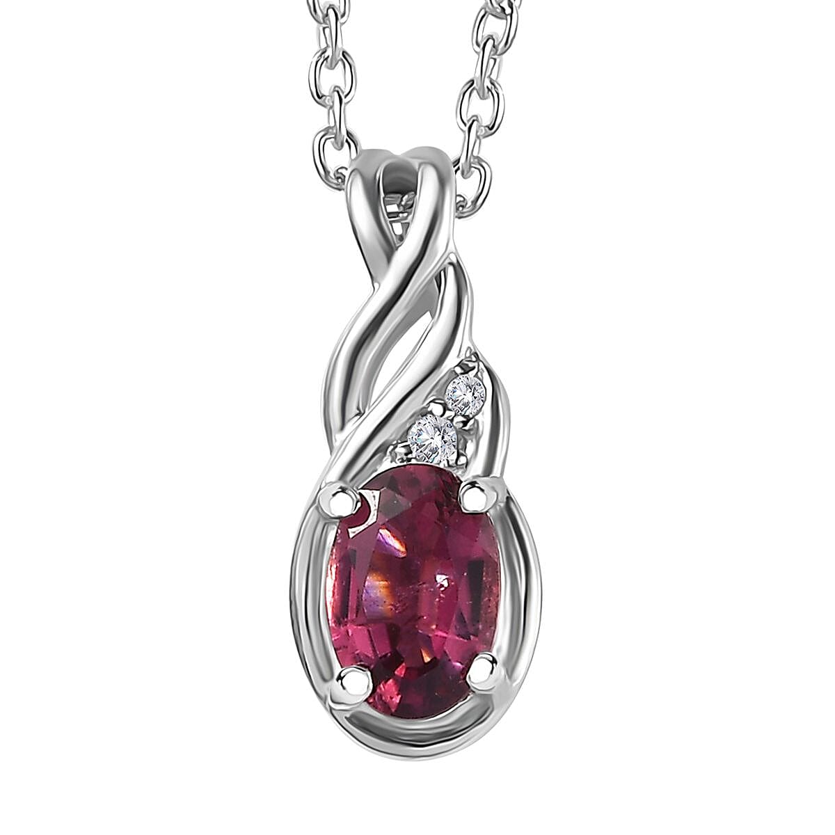 Ofiki Rubellite and Diamond Ring (Size 6.0) and Pendant Necklace 20 Inches in Platinum Over Sterling Silver 1.00 ctw