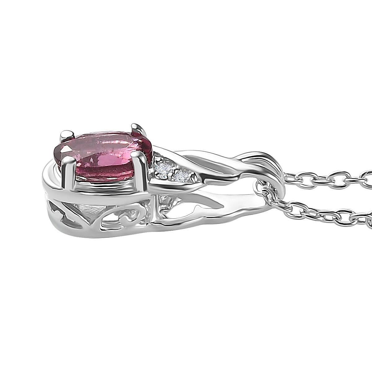 Ofiki Rubellite and Diamond Ring (Size 6.0) and Pendant Necklace 20 Inches in Platinum Over Sterling Silver 1.00 ctw
