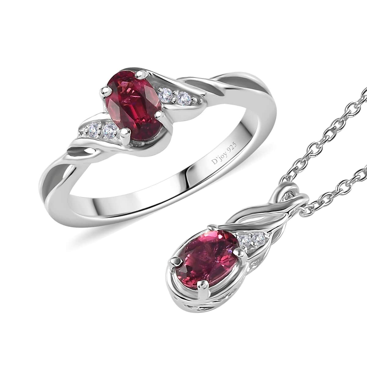 Ofiki Rubellite and Diamond Ring (Size 7.0) and Pendant Necklace 20 Inches in Platinum Over Sterling Silver 1.00 ctw image number 0