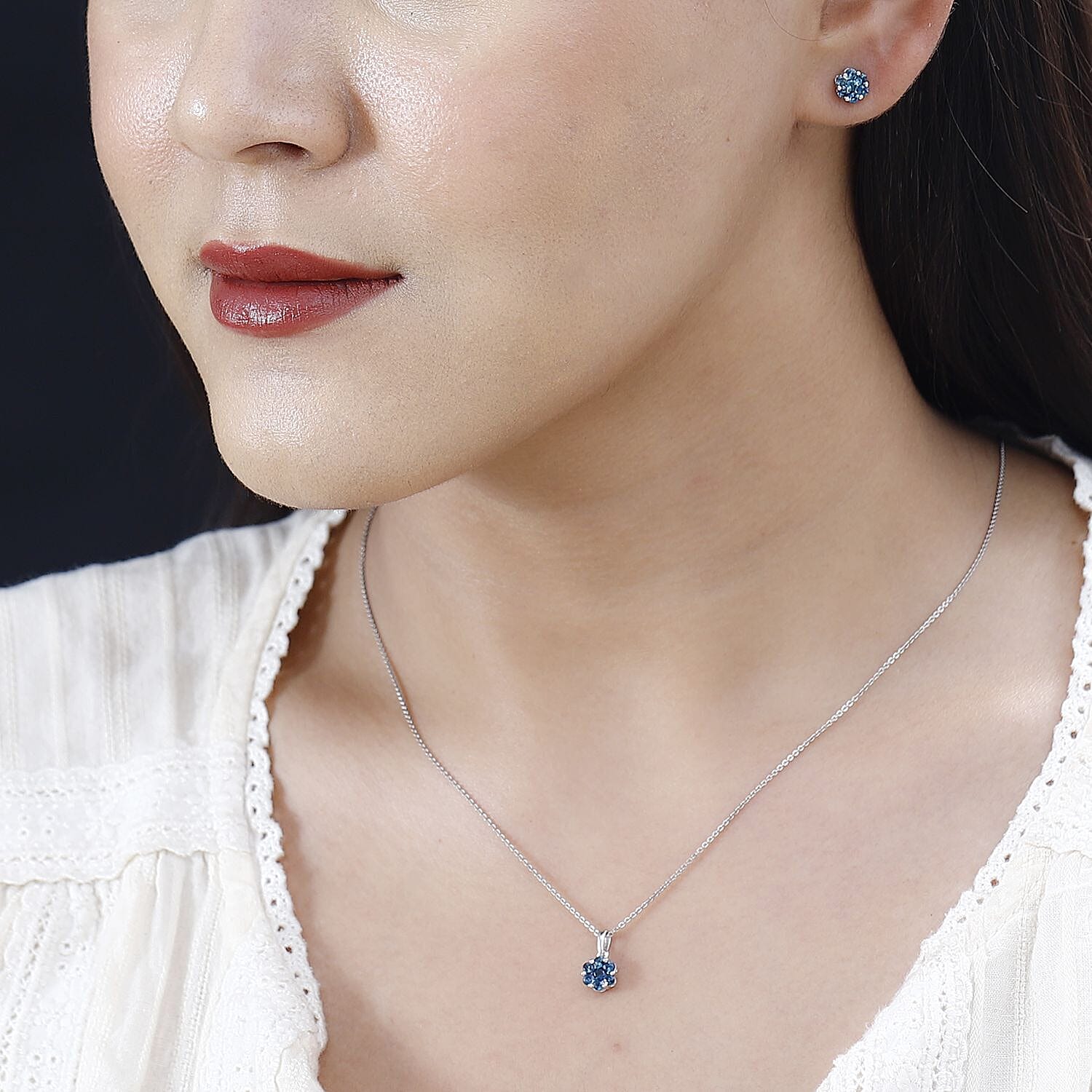  10K White Gold AAA Monte Belo Indicolite Floral Pendant and Stud Earrings 1.00 ctw (Del. in 12-15 Days)