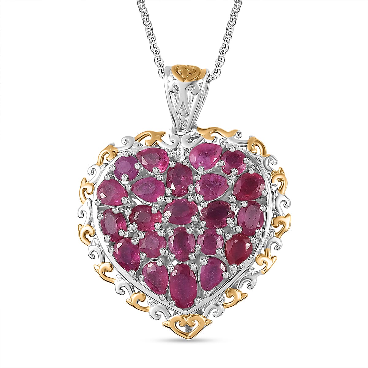 Niassa Ruby (FF) Heart Pendant Necklace 20 Inches in Vermeil YG and Platinum Over Sterling Silver 5.10 ctw