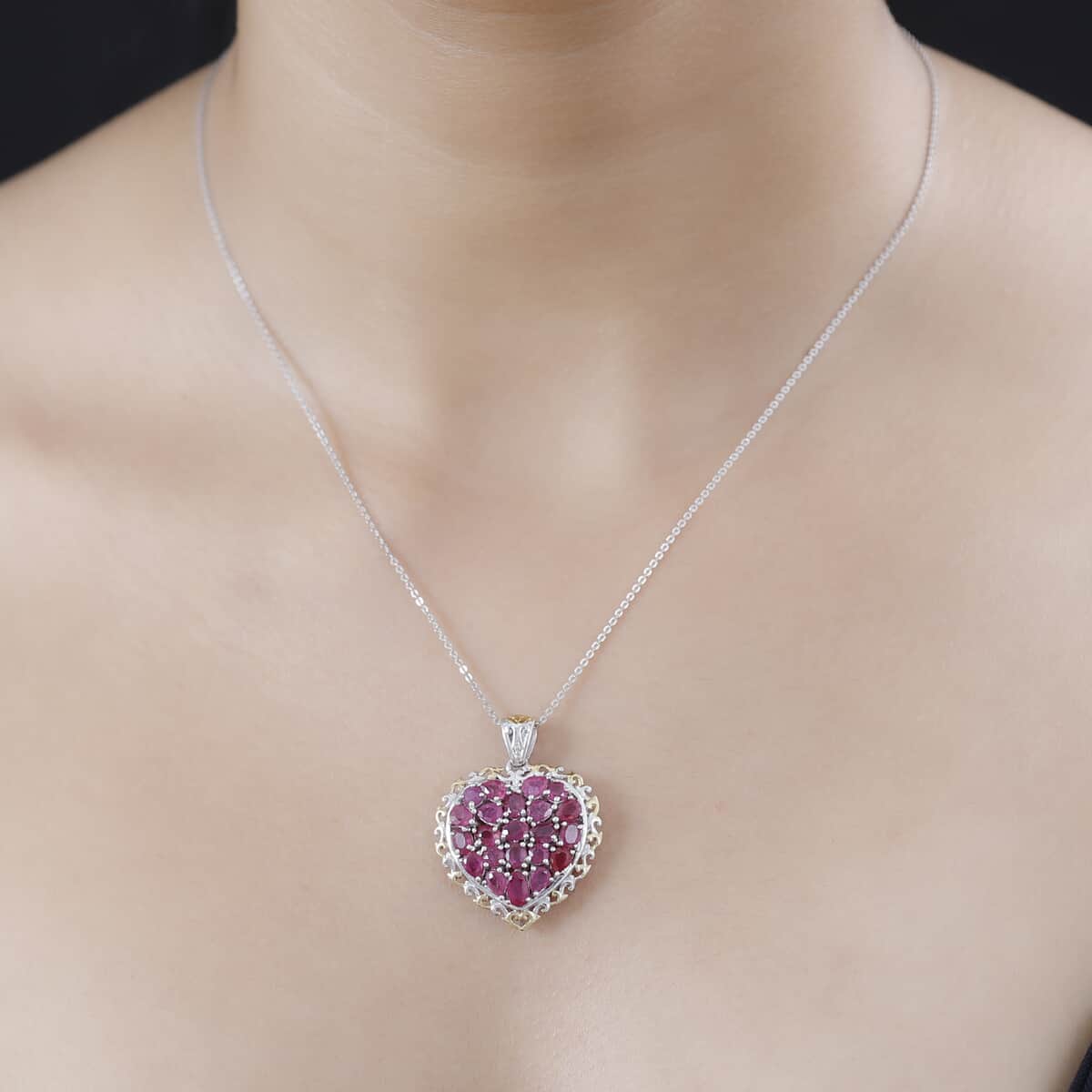 TLV Niassa Ruby (FF) Heart Pendant Necklace (20 Inches) in Vermeil YG and Platinum Over Sterling Silver 5.10 ctw image number 2