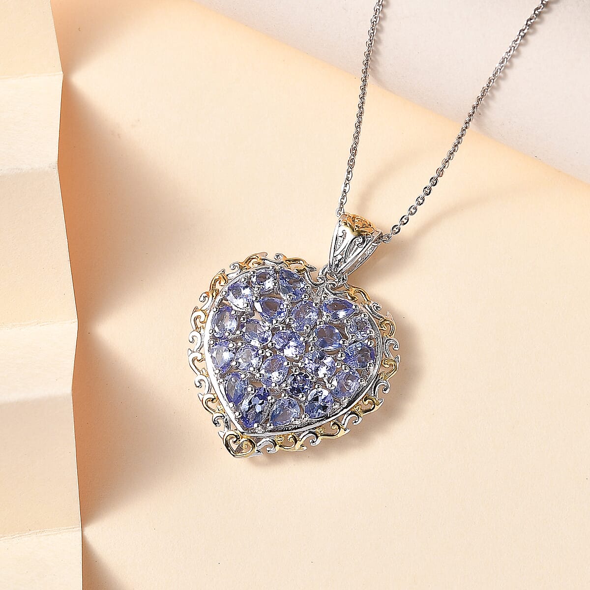 Tanzanite Heart Pendant Necklace 20 Inches in Vermeil YG and Platinum Over Sterling Silver 3.15 ctw image number 1