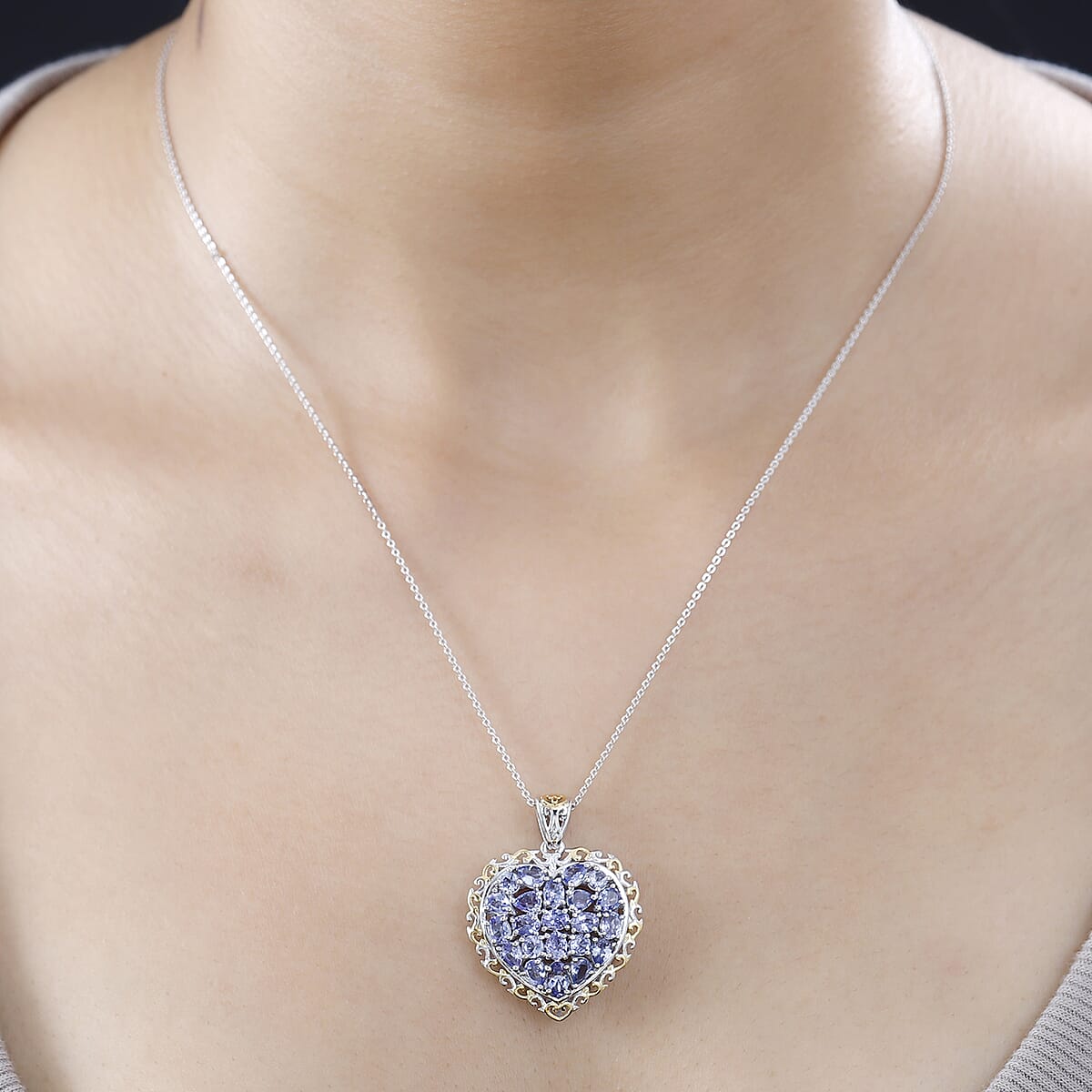 Tanzanite Heart Pendant Necklace 20 Inches in Vermeil YG and Platinum Over Sterling Silver 3.15 ctw image number 2