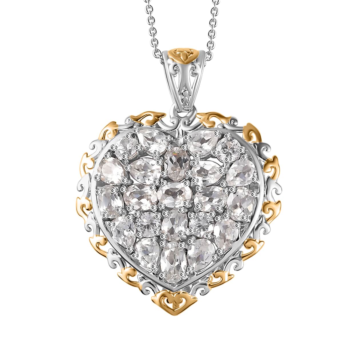 White Zircon Heart Pendant Necklace 20 Inches in Vermeil YG and Platinum Over Sterling Silver 4.40 ctw image number 0